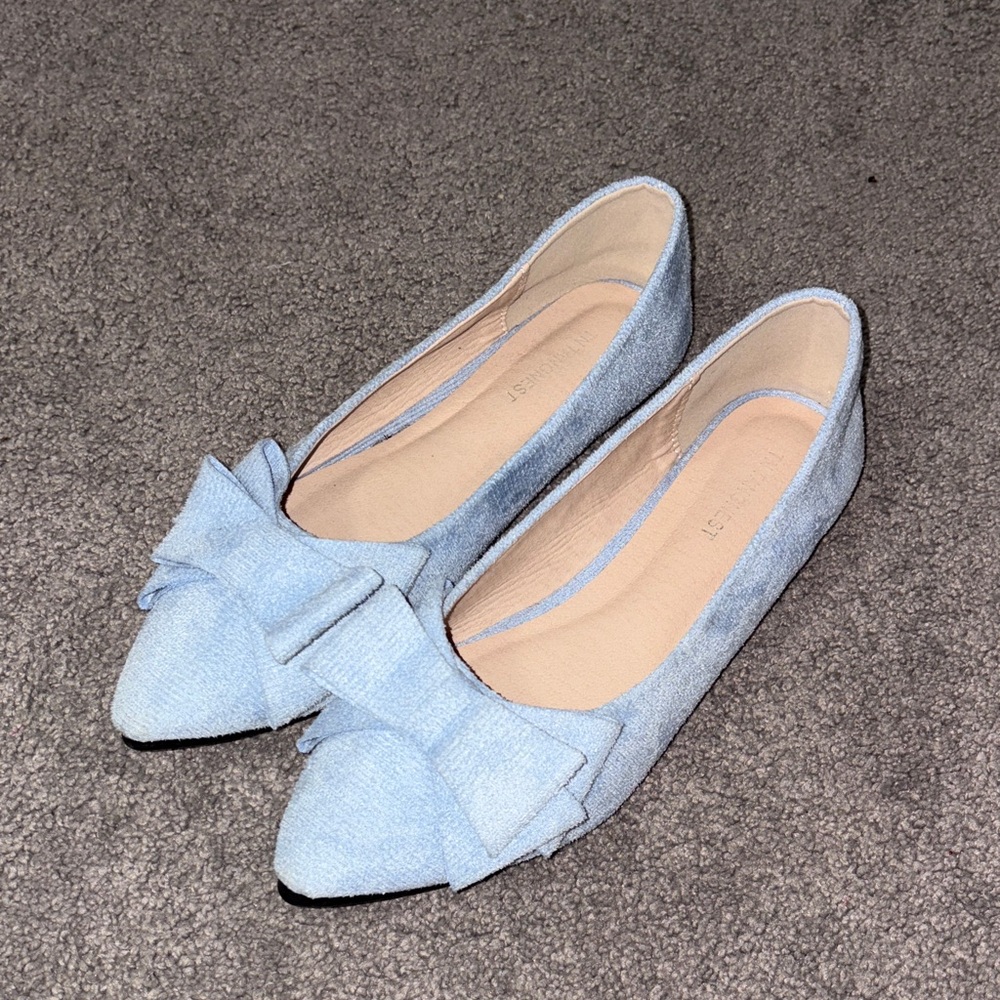 Pointed Toe Bow Flats in Light Blue - Women's Loafers